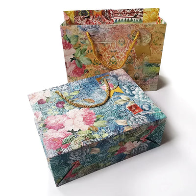Wholesale Cardstock Artpaper Floral Hand Bag Paper Bag Gift Bag with Gold Tag for Shopping Gift Toy