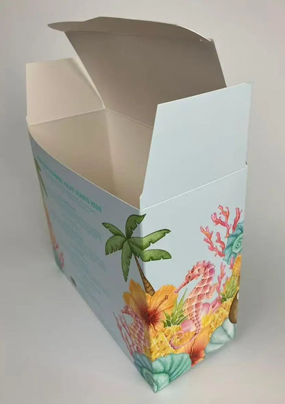 White Card Auto-Lock Bottom Box with Yellow Blue Patterns Matte Lamination Recycled Materials Biodegradable Customizable Sizes