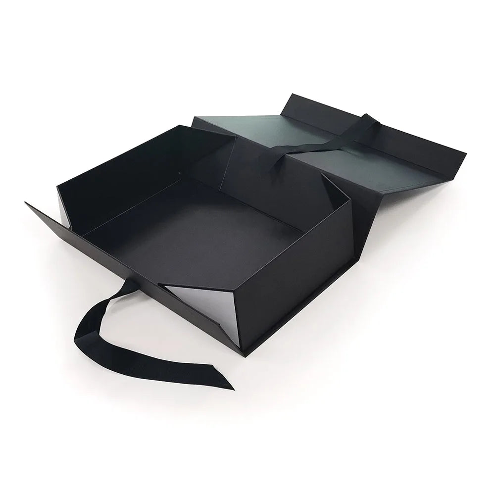 Luxury Elegant Custom Empty Black Paper Cardboard Foldable Magnetic Packaging Gift Boxes with Ribbon