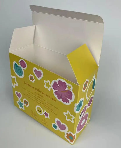 White Card Auto-Lock Bottom Box with Yellow Blue Patterns Matte Lamination Recycled Materials Biodegradable Customizable Sizes