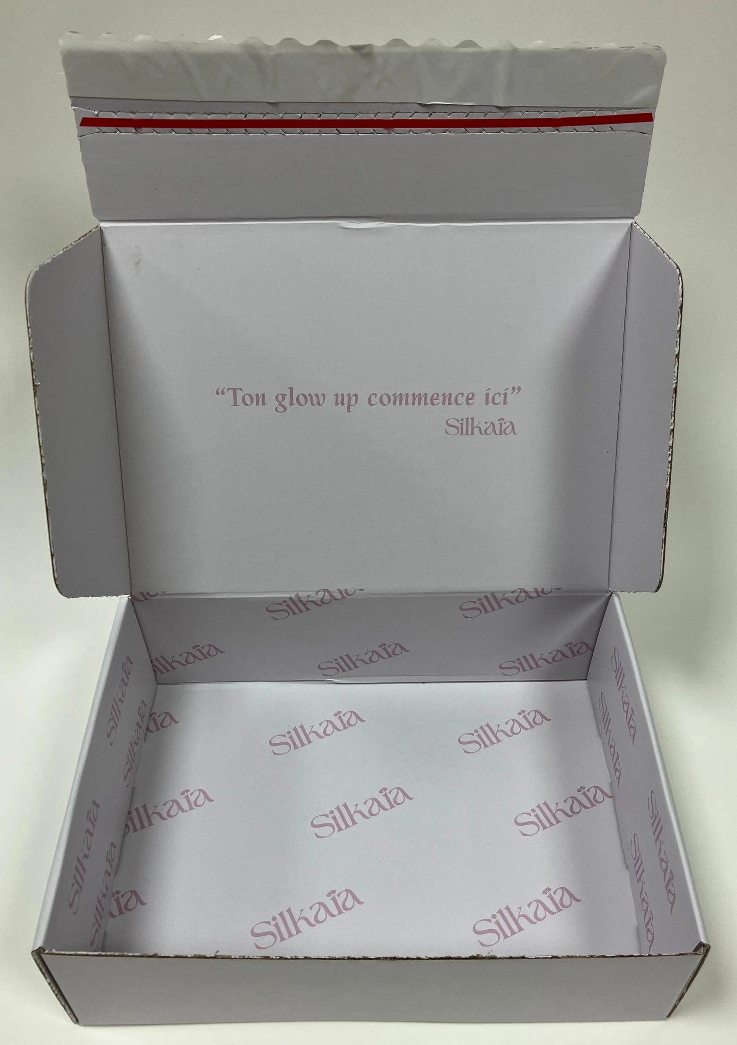 Double-sided Printed pink logo with Easy Tear Strip and Double-sided Adhesive Airplane Box
