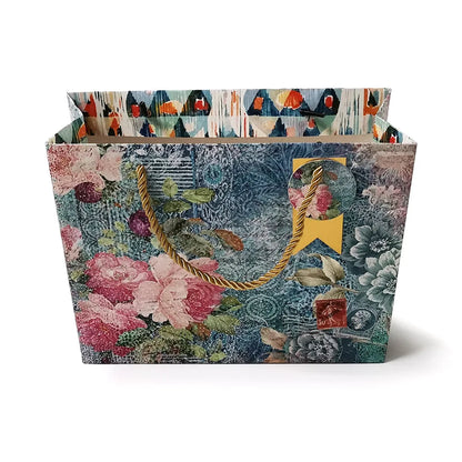 Wholesale Cardstock Artpaper Floral Hand Bag Paper Bag Gift Bag with Gold Tag for Shopping Gift Toy