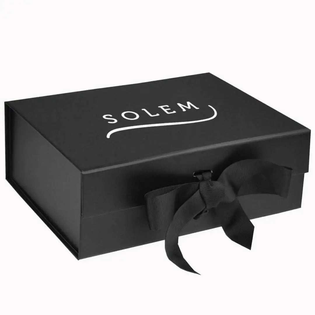 Luxury Elegant Custom Empty Black Paper Cardboard Foldable Magnetic Packaging Gift Boxes with Ribbon