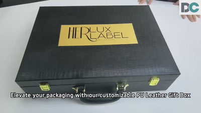 Custom Large Briefcase Style Wood Box | Black Matte Wood Grain Gold Metal Clasp & Handle Red Satin Interior Inner Lid Brand Logo Print for Beauty Skincare Perfume Jewelry Wine Gift Set | MOQ 100 pcs