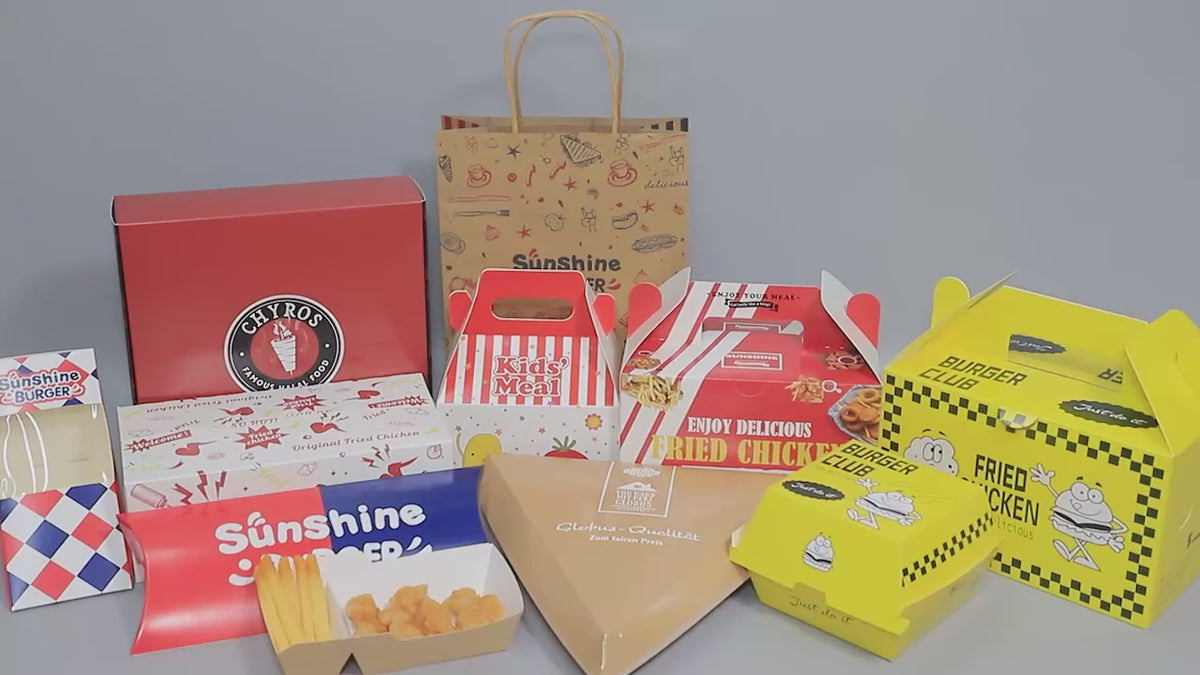 Juego de embalaje personalizado para comida rápida | Cajas de hamburguesas, vasos para patatas fritas y bolsas de papel con logo | MOQ 100 unidades