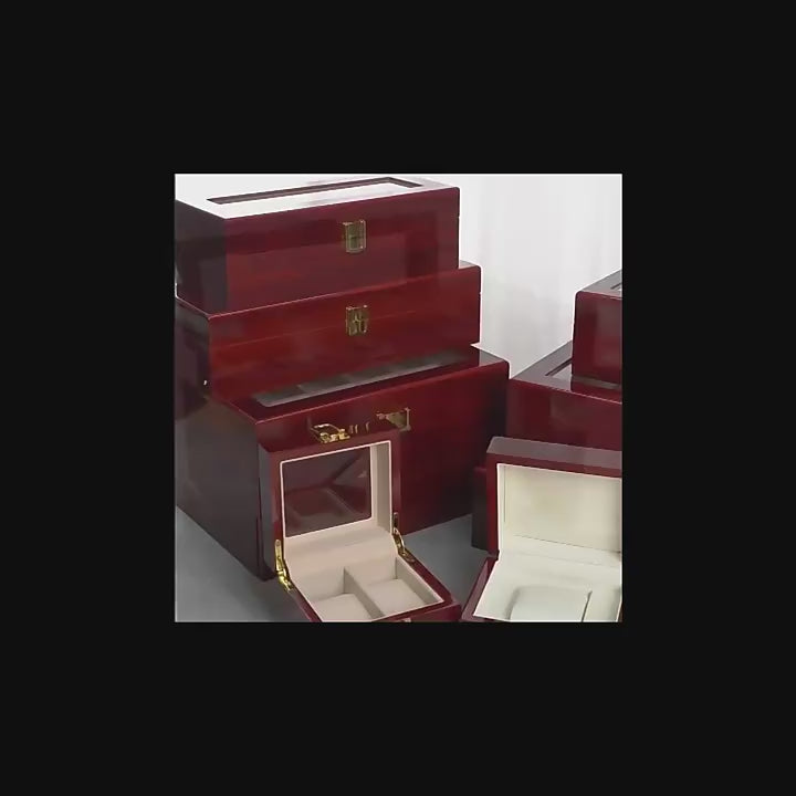 Custom Deep Red Piano Lacquer Glass Lid Multi-Slot Watch Display Wood Box | Gold Metal Clasp Cream Velvet Watch Pillows 1-3 / 5 / 10 / 12 Slot Options for Watch Brand & Retailer Display Gift | MOQ 100 pcs