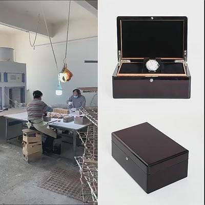 Custom Piano Lacquer Solid Wood Watch Box | 2-3 Slot High-Gloss Dark Brown or Black Natural Wood Edge Black Velvet Lining Watch Pillow Metal Hinge Lock for Luxury Watch Jewelry Brand Gift | MOQ 100 pcs