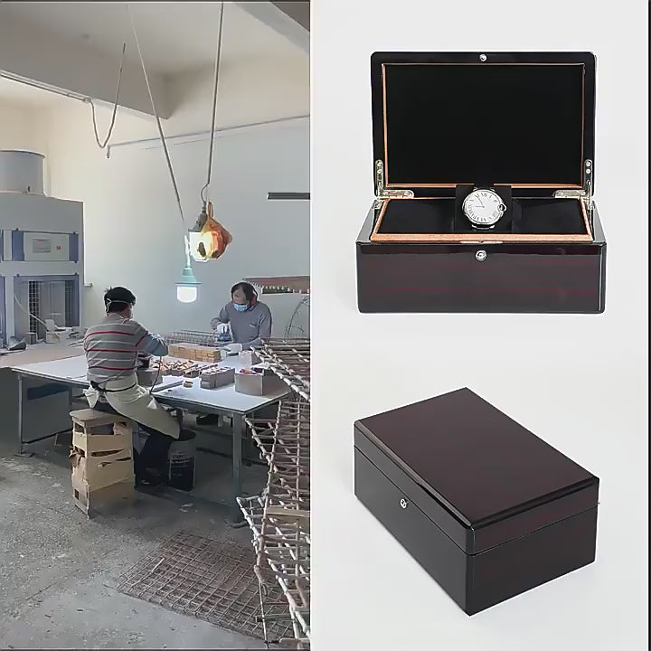 Custom Piano Lacquer Solid Wood Watch Box | 2-3 Slot High-Gloss Dark Brown or Black Natural Wood Edge Black Velvet Lining Watch Pillow Metal Hinge Lock for Luxury Watch Jewelry Brand Gift | MOQ 100 pcs