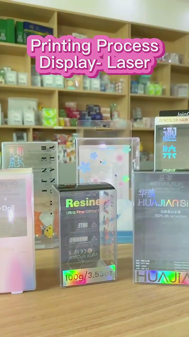 Custom Holographic Rainbow Laser Film & Clear PVC Folding Packaging Box | Full Color Print High-Impact Visual Finish Multi-Size for Nail Beauty Health Food Hair Trend Brand Retail Packaging | MOQ 100 pcs