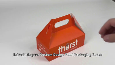 Cajas de Papel Impresas Personalizadas con Asa a Dos Aguas | Cajas de Transporte con Logo para Panadería, Alimentos y Comida para Llevar | MOQ 100 unidades