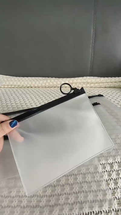 Custom Clear Frosted PVC Zipper Bag | Black White Zipper Single Color Brand Logo Silk Screen Print Multi-Size for Jewelry Accessories Apparel Beauty Sample Retail Brand Packaging | MOQ 100 pcs