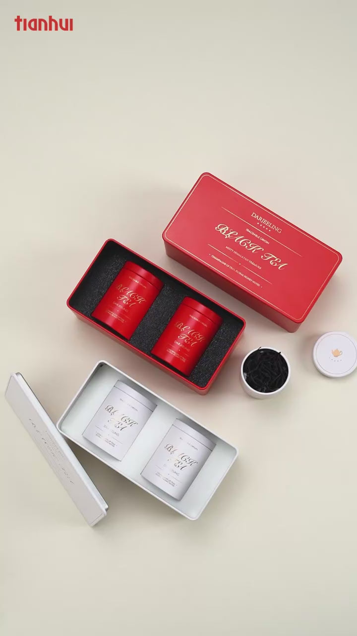 Custom Premium Tea Gift Set Tin Box | Rectangle Tray with 2 Round Tea Caddies Gold Foil Script Print Foam Interior Red or White for Black Tea Green Tea Coffee & Luxury Brand Gift Set | MOQ 100 pcs