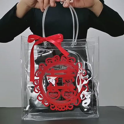 Custom Crystal Clear PVC Tote Shopping Bag | Transparent Tube Handle Rivet Closure Multi-Size Brand Logo Print for Gift Beauty Fashion Retail Wedding Event Party Favor Packaging | MOQ 100 pcs