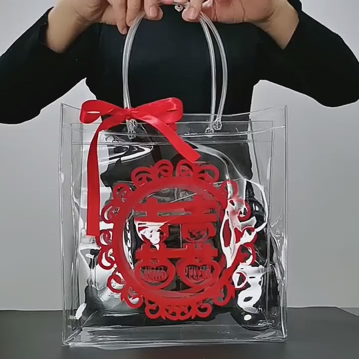 Custom Crystal Clear PVC Tote Shopping Bag | Transparent Tube Handle Rivet Closure Multi-Size Brand Logo Print for Gift Beauty Fashion Retail Wedding Event Party Favor Packaging | MOQ 100 pcs