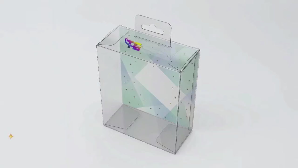 Custom Crystal Clear PVC Folding Display Box with Euro Hang Hole | Multi-Size Optional Full Color Print for Electronics Accessories Toys Beauty Tools Stationery Hardware Small Appliance General Retail Shelf Display | MOQ 100 pcs