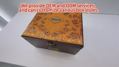 Custom Chinese Antique Style Dark Walnut Wood Treasure Gift Box | Gold Floral Brocade Lid Brand Logo Antique Brass Hinge Round Lock Corner Guard EVA Velvet Insert for Tea Jewelry Cigar Wine Festival Gift | MOQ 100 pcs