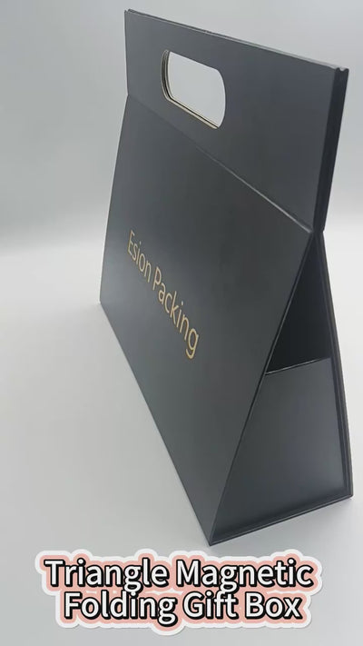Custom Tri-Fold Die-Cut Handle Gift Boxes | Foldable Trapezoid with Gold Logo for Retail Beauty Gift & Apparel Brands | MOQ 100 pcs