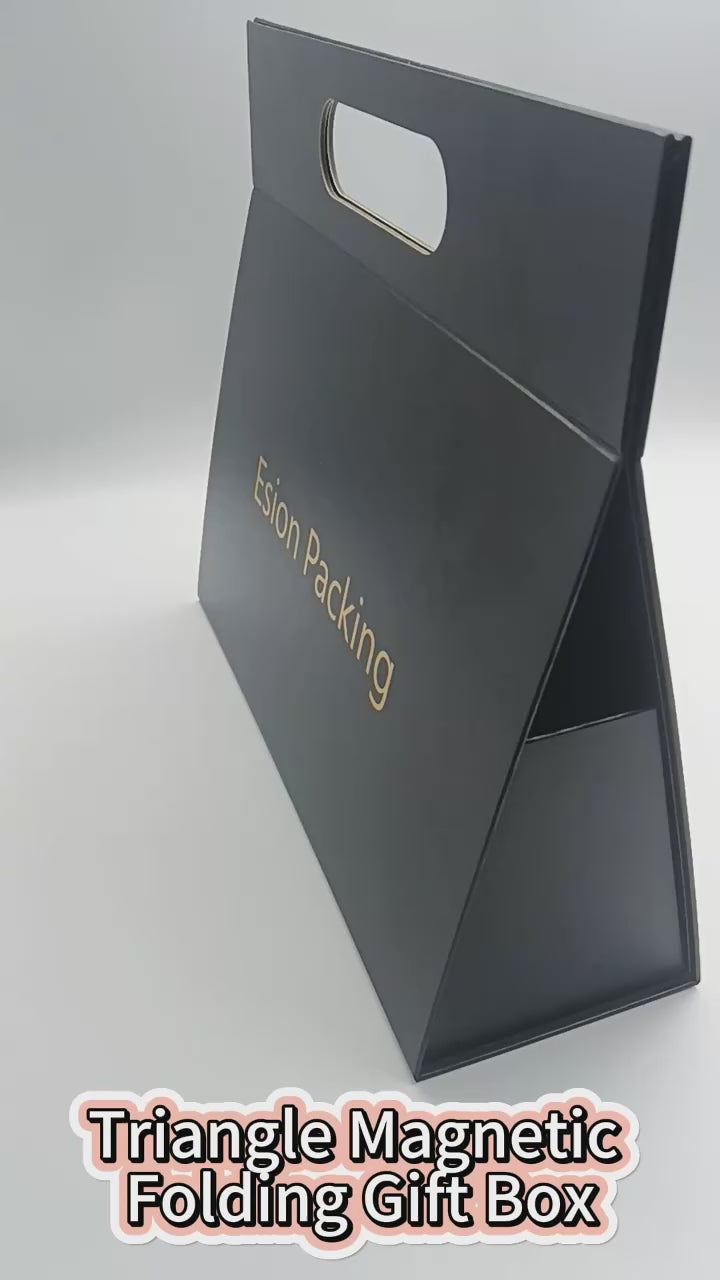 Custom Tri-Fold Die-Cut Handle Gift Boxes | Foldable Trapezoid with Gold Logo for Retail Beauty Gift & Apparel Brands | MOQ 100 pcs