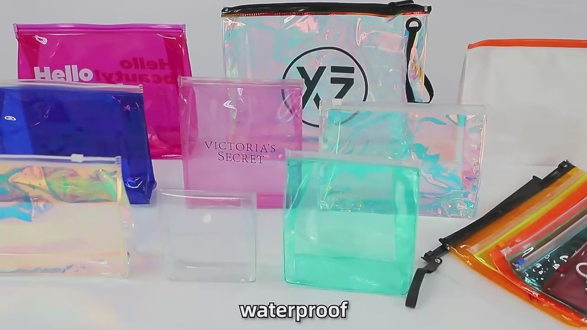 Custom Clear Holographic PVC EVA TPU Cosmetic Makeup Bag | Square Rectangle Cylinder Multi-Style Black Zipper Brand Logo Print for Beauty Travel Toiletry Skincare Brand Gift Set Packaging | MOQ 100 pcs