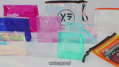 Custom Clear Holographic PVC EVA TPU Cosmetic Makeup Bag | Square Rectangle Cylinder Multi-Style Black Zipper Brand Logo Print for Beauty Travel Toiletry Skincare Brand Gift Set Packaging | MOQ 100 pcs